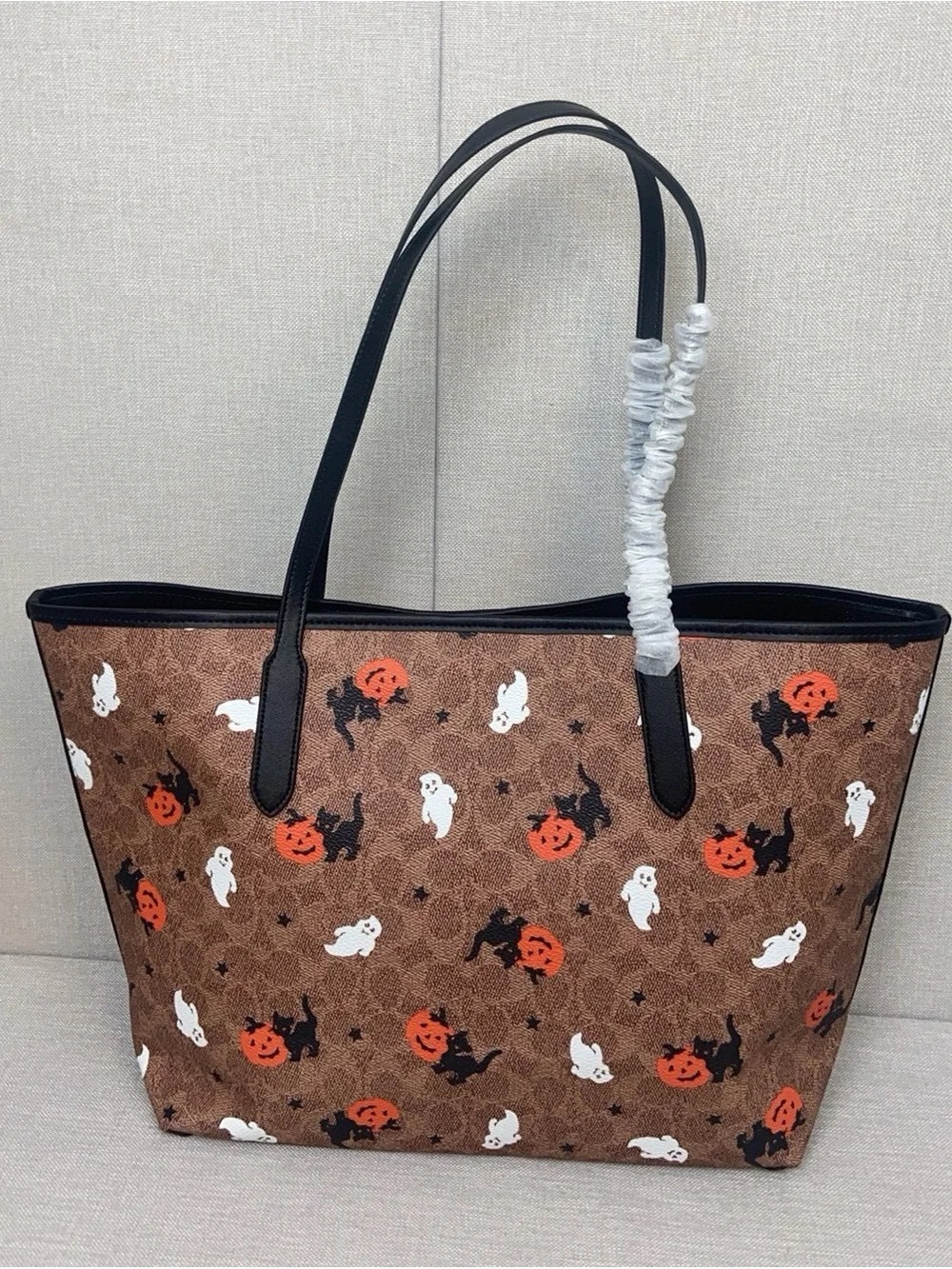 Coach Brown Tote with Black, White & Orange Halloween Motif